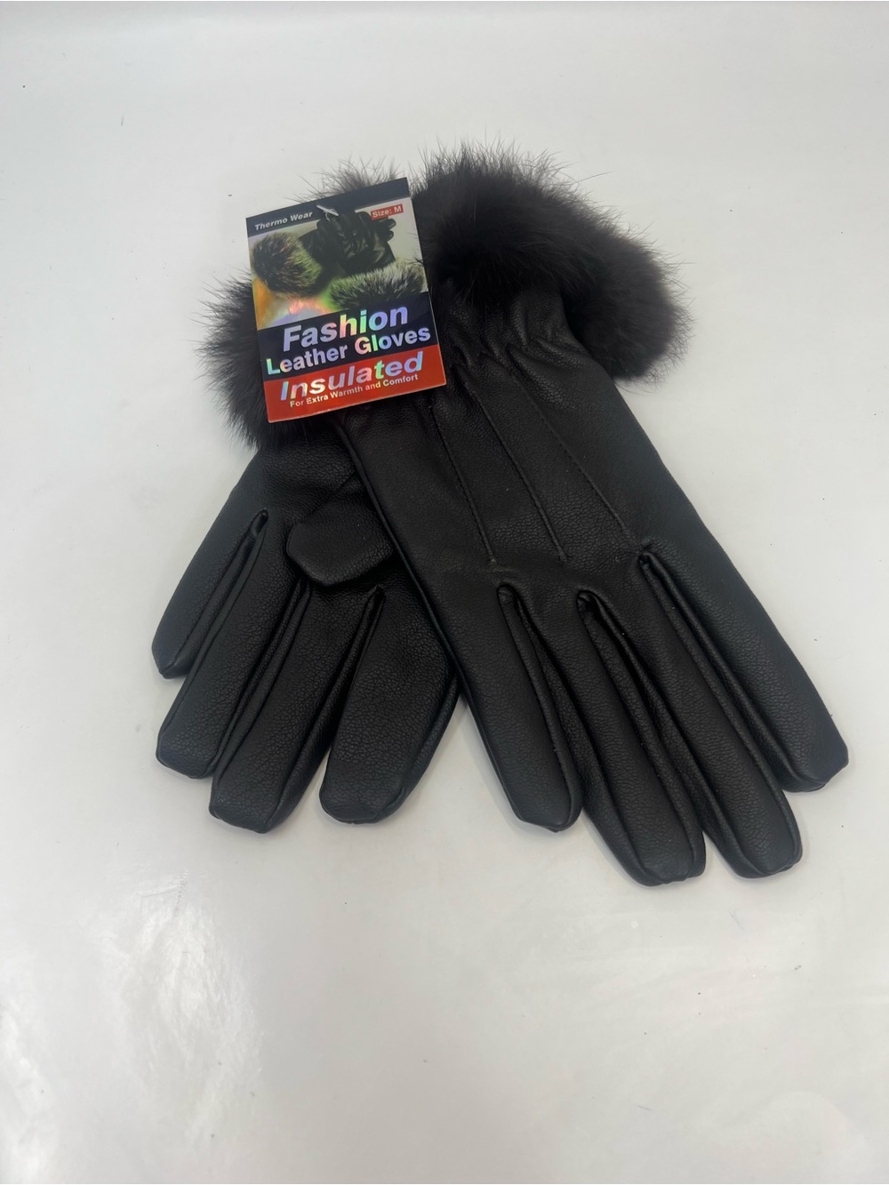 WOMENS THERMO WEAR FASHION LEATHER GLOVES BLACK FUR TRIM SZ MEDIUM NEW With Tag